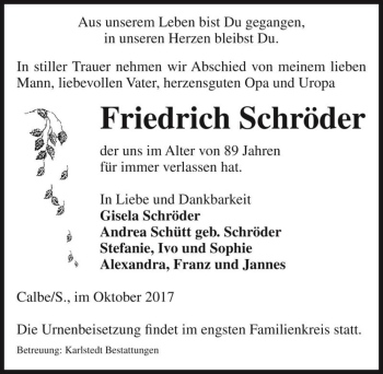 Traueranzeige von Friedrich Schröder  von Magdeburger Volksstimme