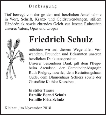Traueranzeige von Friedrich Schulz  von Magdeburger Volksstimme
