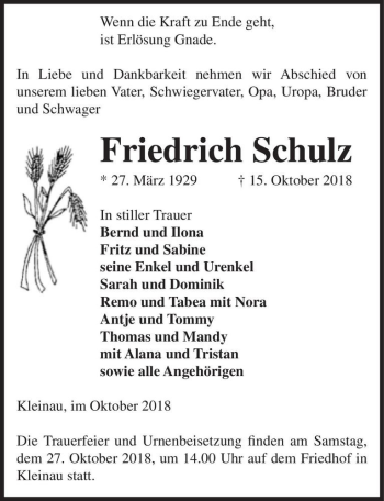 Traueranzeige von Friedrich Schulz  von Magdeburger Volksstimme