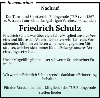 Traueranzeige von Friedrich Schulz  von Magdeburger Volksstimme