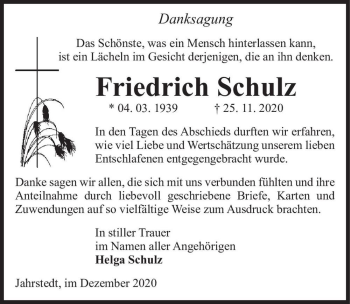 Traueranzeige von Friedrich Schulz  von Magdeburger Volksstimme