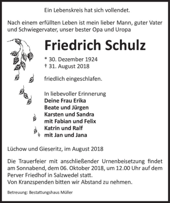 Traueranzeige von Friedrich Schulz  von Magdeburger Volksstimme