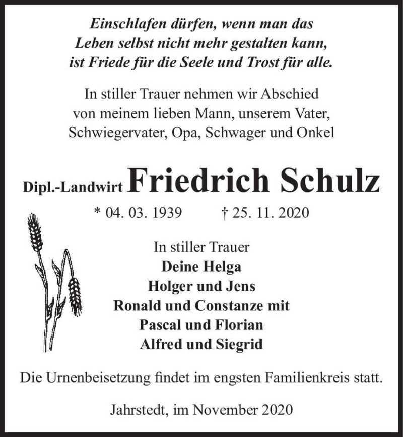  Traueranzeige für Friedrich Schulz  vom 01.12.2020 aus Magdeburger Volksstimme