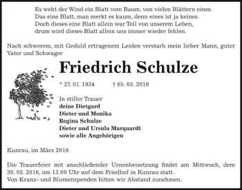 Traueranzeige von Friedrich Schulze  von Magdeburger Volksstimme