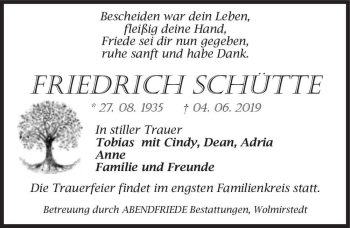 Traueranzeige von Friedrich Schütte  von Magdeburger Volksstimme