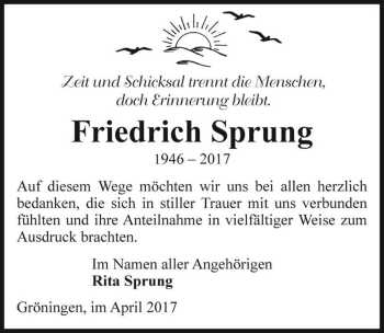 Traueranzeige von Friedrich Sprung  von Magdeburger Volksstimme