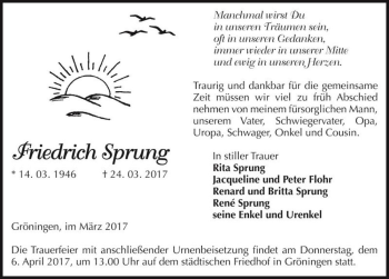 Traueranzeige von Friedrich Sprung  von Magdeburger Volksstimme