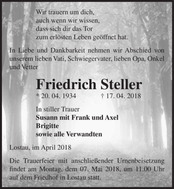 Traueranzeige von Friedrich Steller  von Magdeburger Volksstimme