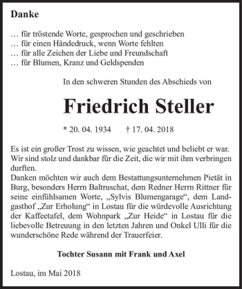 Traueranzeige von Friedrich Steller  von Magdeburger Volksstimme