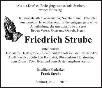 Traueranzeige von Friedrich Strube  von Magdeburger Volksstimme