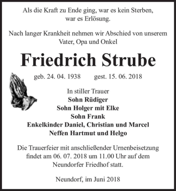 Traueranzeige von Friedrich Strube  von Magdeburger Volksstimme