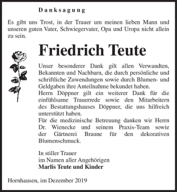 Traueranzeige von Friedrich Teute  von Magdeburger Volksstimme