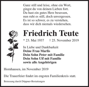 Traueranzeige von Friedrich Teute  von Magdeburger Volksstimme