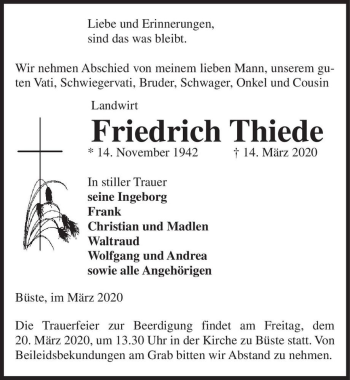 Traueranzeige von Friedrich Thiele  von Magdeburger Volksstimme
