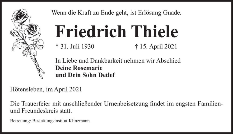  Traueranzeige für Friedrich Thiele  vom 17.04.2021 aus Magdeburger Volksstimme