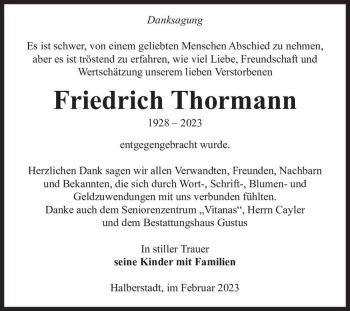 Traueranzeige von Friedrich Thormann  von Magdeburger Volksstimme