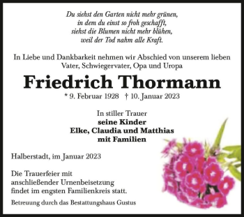 Traueranzeige von Friedrich Thormann  von Magdeburger Volksstimme