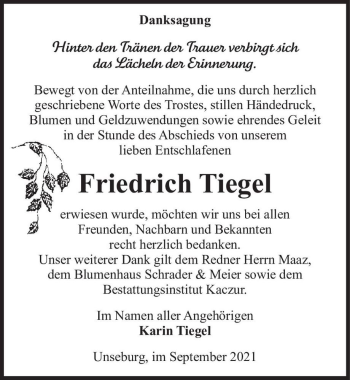 Traueranzeige von Friedrich Tiegel  von Magdeburger Volksstimme