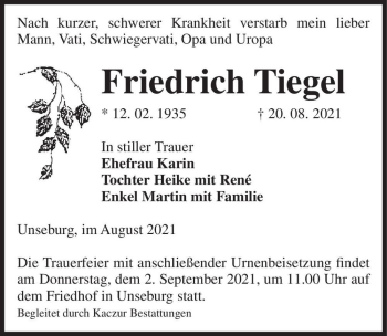Traueranzeige von Friedrich Tiegel  von Magdeburger Volksstimme