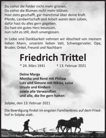 Traueranzeige von Friedrich Trittel  von Magdeburger Volksstimme