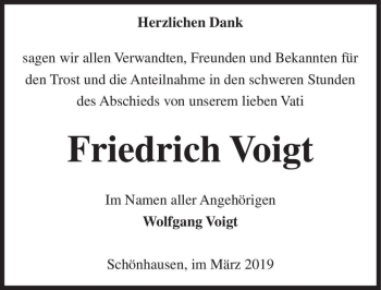Traueranzeige von Friedrich Voigt  von Magdeburger Volksstimme