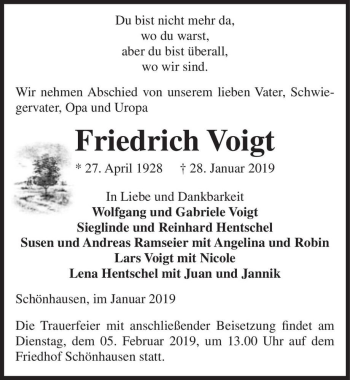 Traueranzeige von Friedrich Voigt  von Magdeburger Volksstimme