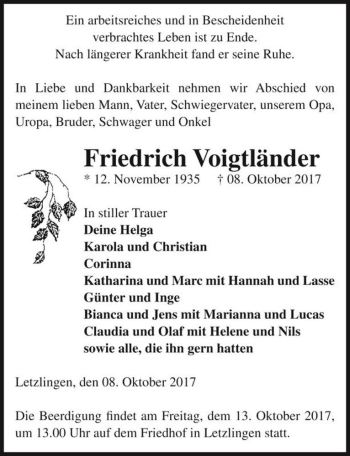 Traueranzeige von Friedrich Voigtländer  von Magdeburger Volksstimme