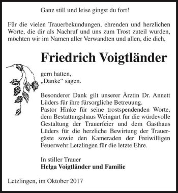 Traueranzeige von Friedrich Voigtländer  von Magdeburger Volksstimme