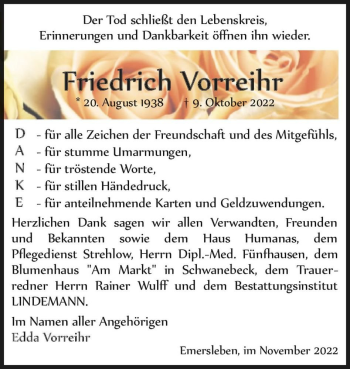 Traueranzeige von Friedrich Vorreihr  von Magdeburger Volksstimme