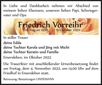 Traueranzeige von Friedrich Vorreihr  von Magdeburger Volksstimme