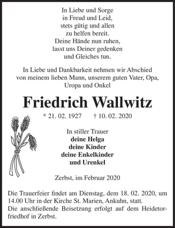 Traueranzeige von Friedrich Wallwitz  von Magdeburger Volksstimme