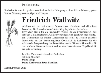 Traueranzeige von Friedrich Wallwitz  von Magdeburger Volksstimme
