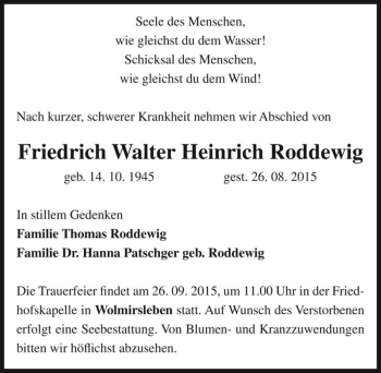 Traueranzeige von Friedrich Walter Heinrich Roddewig  von Magdeburger Volksstimme