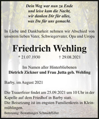 Traueranzeige von Friedrich Wehling  von Magdeburger Volksstimme