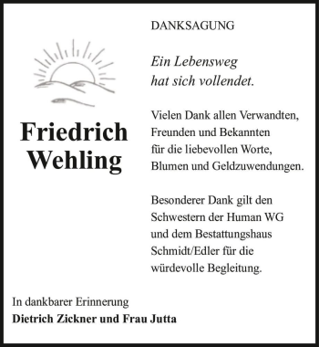 Traueranzeige von Friedrich Wehling  von Magdeburger Volksstimme