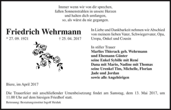 Traueranzeige von Friedrich Wehrmann  von Magdeburger Volksstimme