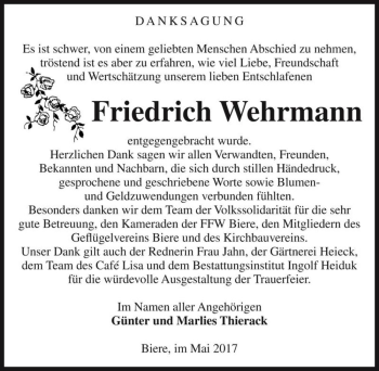 Traueranzeige von Friedrich Wehrmann  von Magdeburger Volksstimme