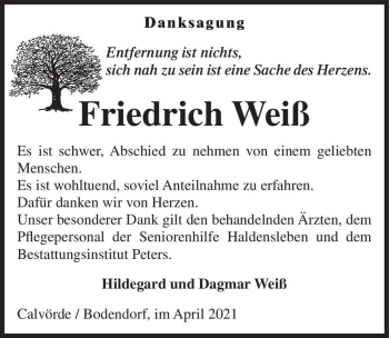 Traueranzeige von Friedrich Weiß  von Magdeburger Volksstimme