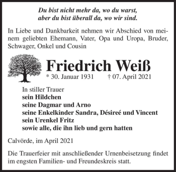 Traueranzeige von Friedrich Weiß  von Magdeburger Volksstimme