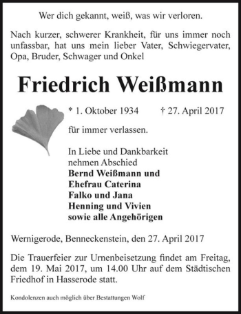 Traueranzeige von Friedrich Weißmann  von Magdeburger Volksstimme