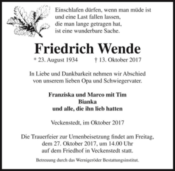 Traueranzeige von Friedrich Wende  von Magdeburger Volksstimme
