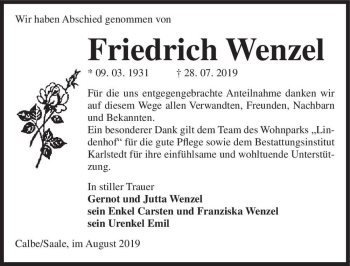 Traueranzeige von Friedrich Wenzel  von Magdeburger Volksstimme