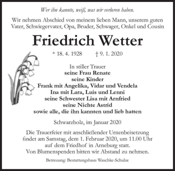 Traueranzeige von Friedrich Wetter  von Magdeburger Volksstimme