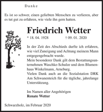 Traueranzeige von Friedrich Wetter  von Magdeburger Volksstimme