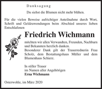 Traueranzeige von Friedrich Wichmann  von Magdeburger Volksstimme