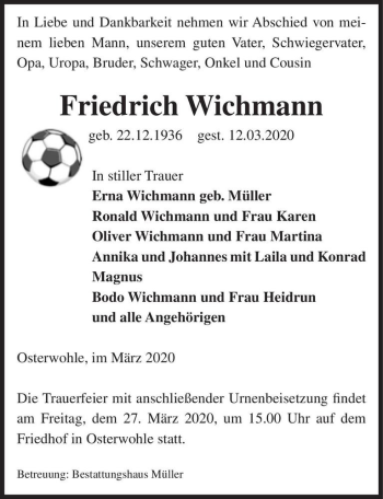 Traueranzeige von Friedrich Wiechmann  von Magdeburger Volksstimme
