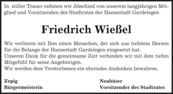 Traueranzeige von Friedrich Wießel  von Magdeburger Volksstimme