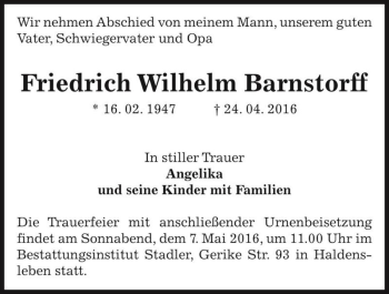 Traueranzeige von Friedrich Wilhelm Barnstorff  von Magdeburger Volksstimme