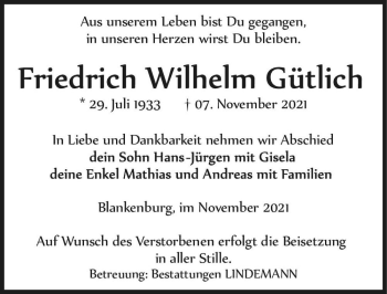 Traueranzeige von Friedrich Wilhelm Gütlich  von Magdeburger Volksstimme