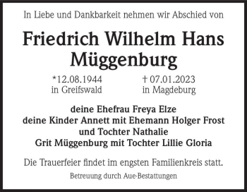 Traueranzeige von Friedrich Wilhelm Hans Müggenburg  von Magdeburger Volksstimme